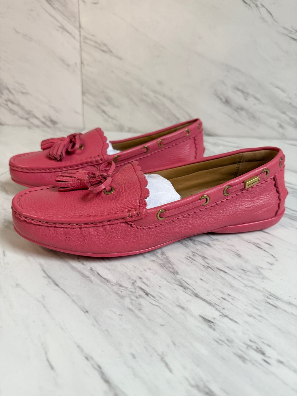 2/$100 NEW Coach Pink Pebbled Leather Tassel Moccasin Loafers Driving Flats 9.5M